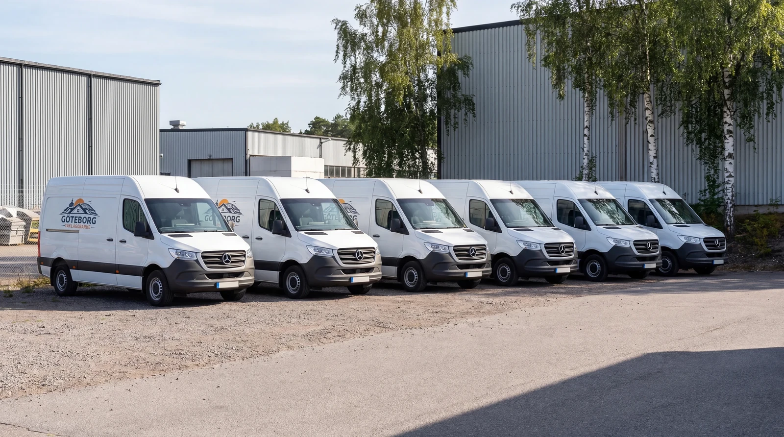 Göteborg Takläggares servicefordon – vit Mercedes Sprinter-flotta med logotyp