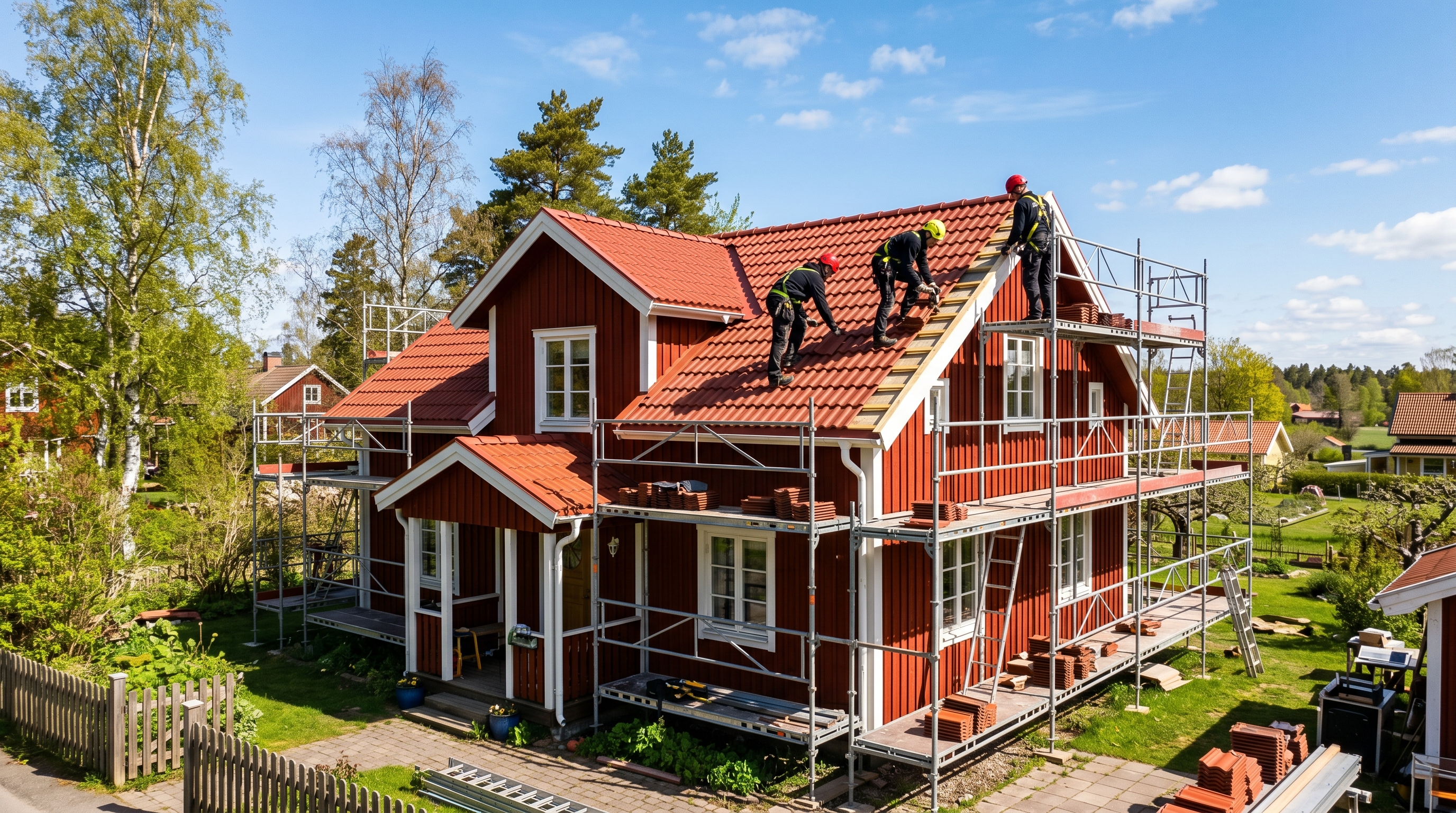 Takläggare arbetar på villa under solig sommardag