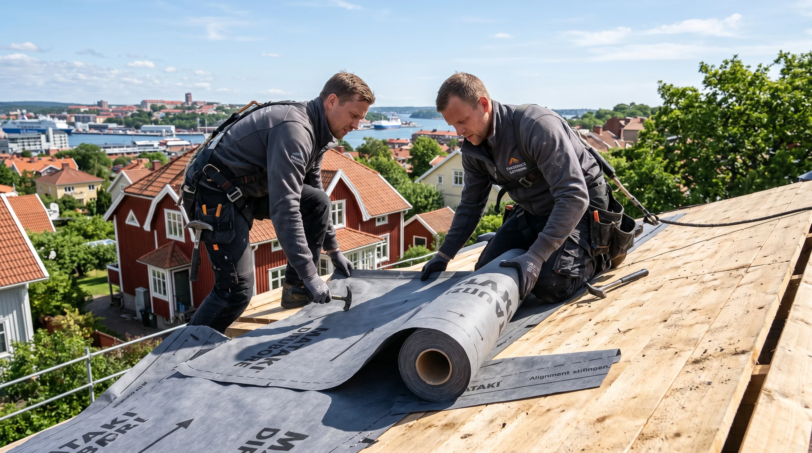 Byta underlagspapp – takläggare lägger ny diffusionsöppen underlagspapp på villatak