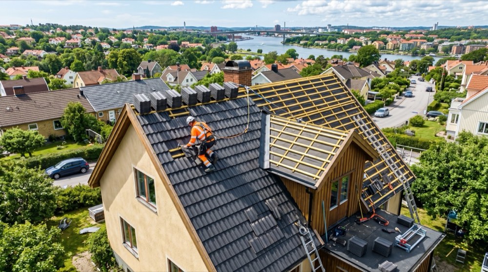 Plåtslagare monterar ventilationshuv på ett villatak för bättre takventilation på sommaren