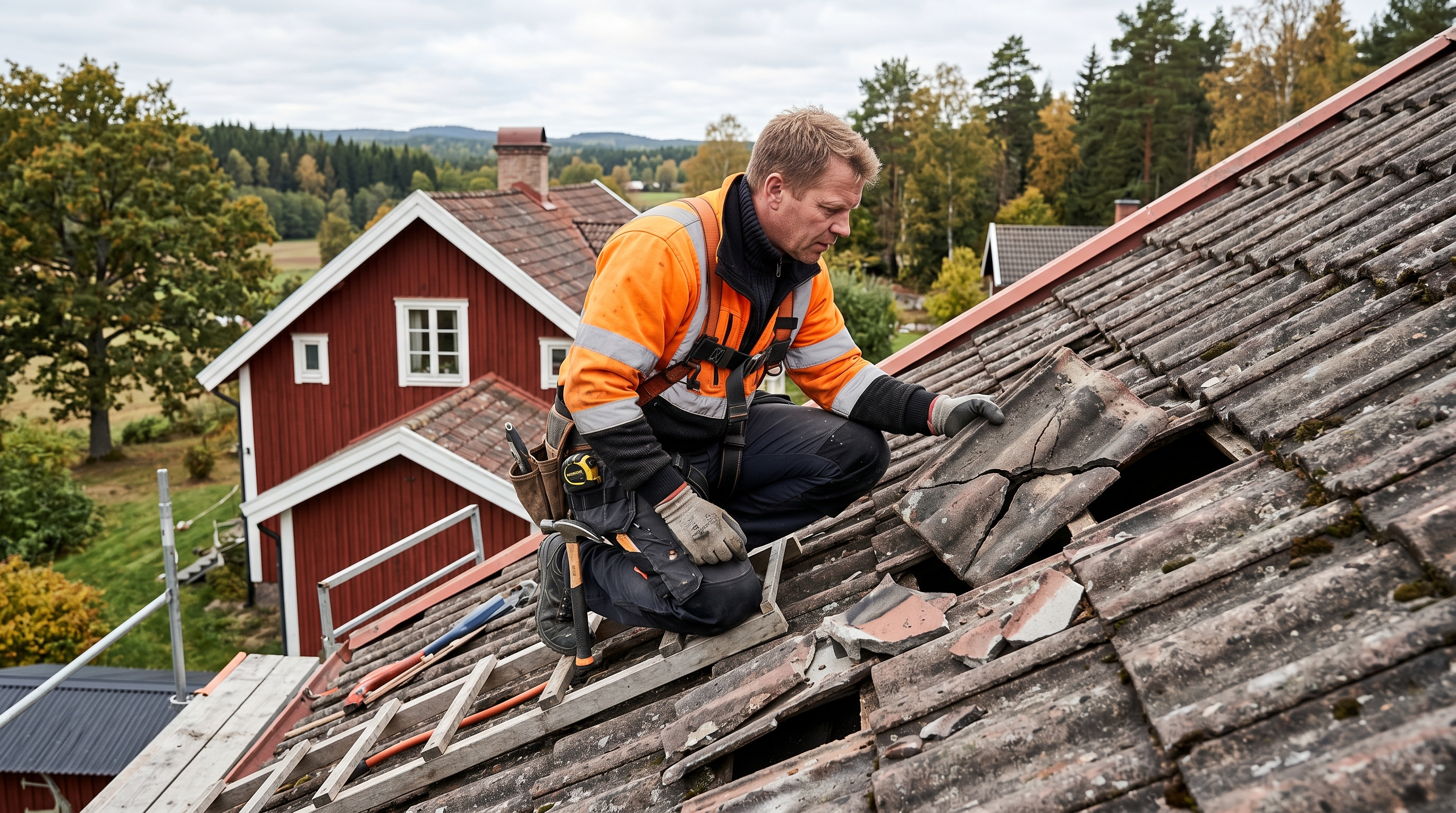 Takläggare besiktigar tak i Göteborg för att avgöra reparation eller byte
