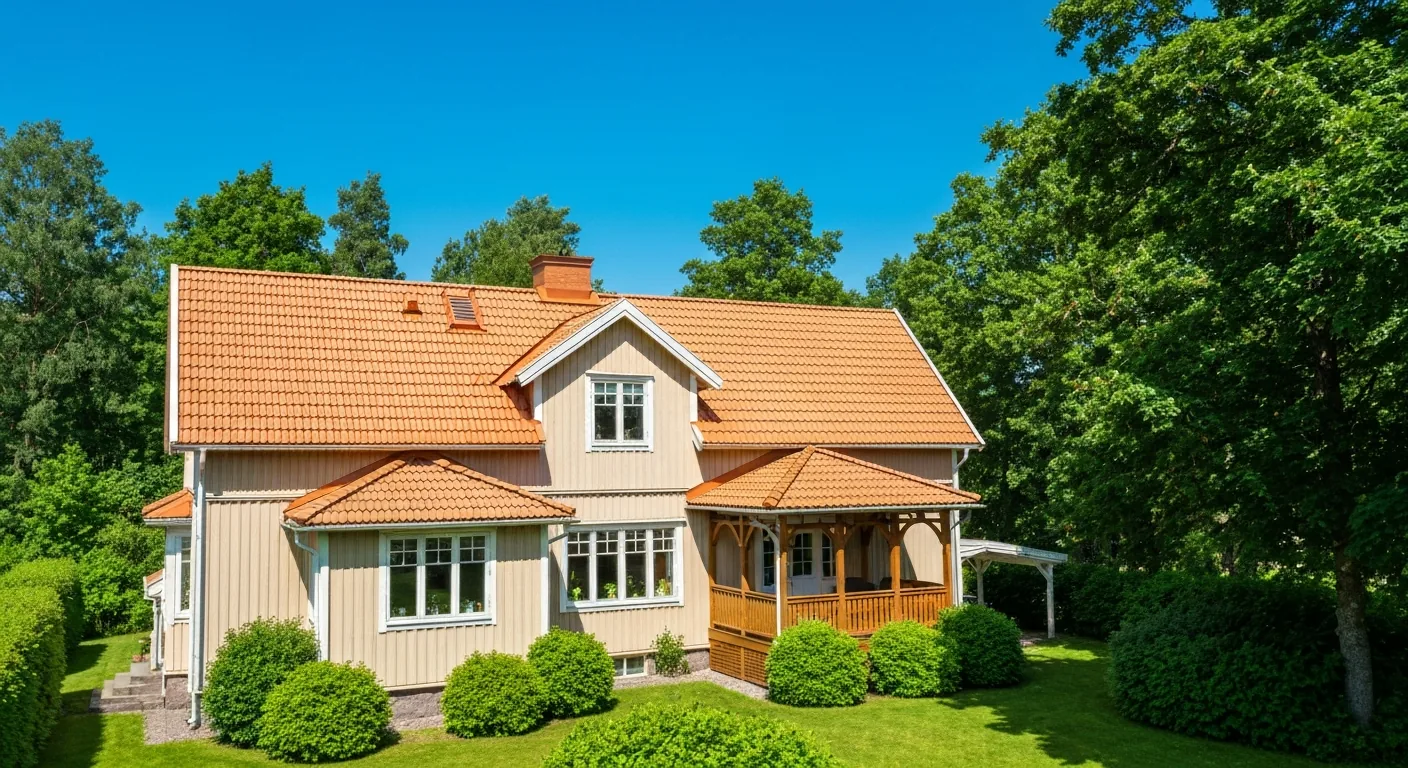 Tvåvåningsvilla med nymålat tegelfärgat tak under blå sommarhimmel
