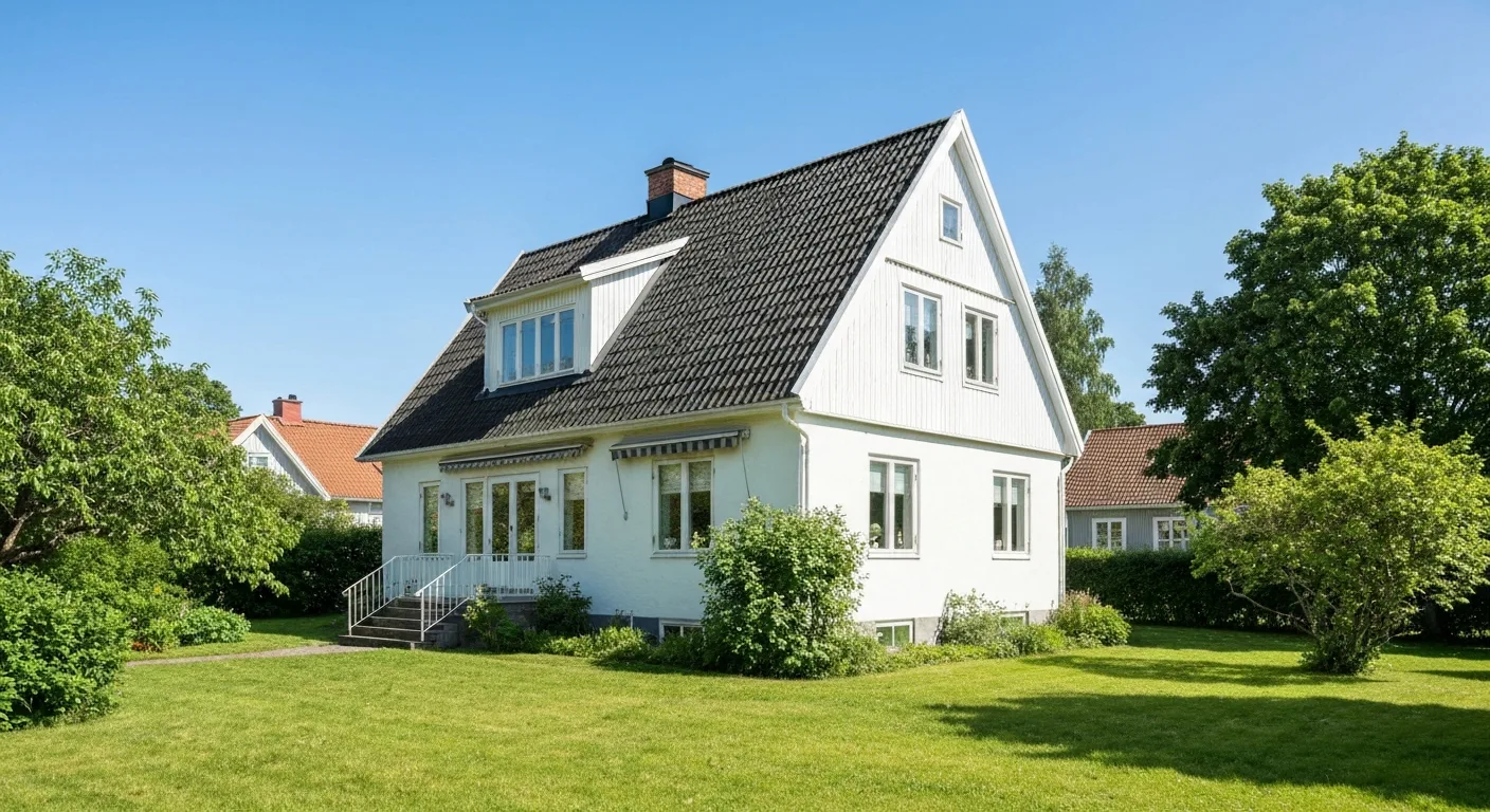 Sadeltak – klassisk takform på svensk villa med betongpannor
