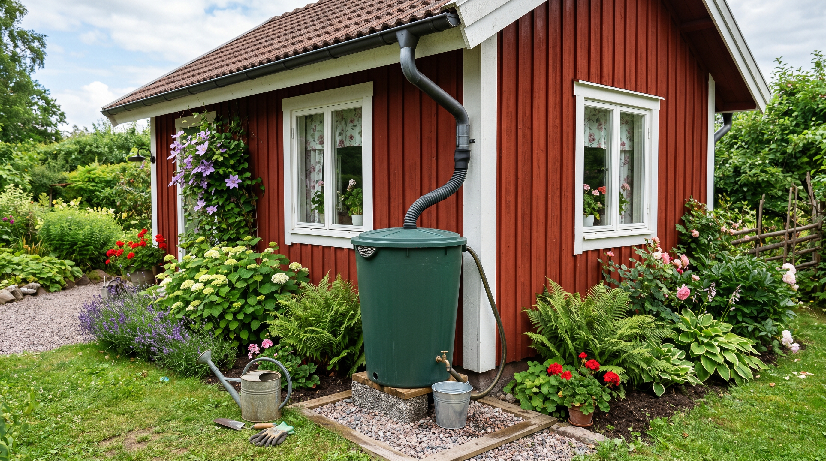 Regnvattentunna kopplad till stuprör på villa