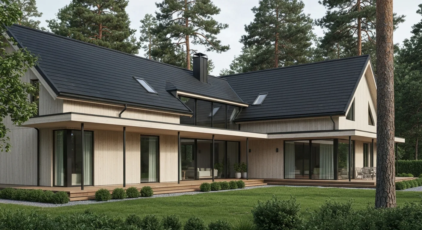 Shingeltak – modern villa med bituminösa shingelpannor i antracit, shingeltak Sverige