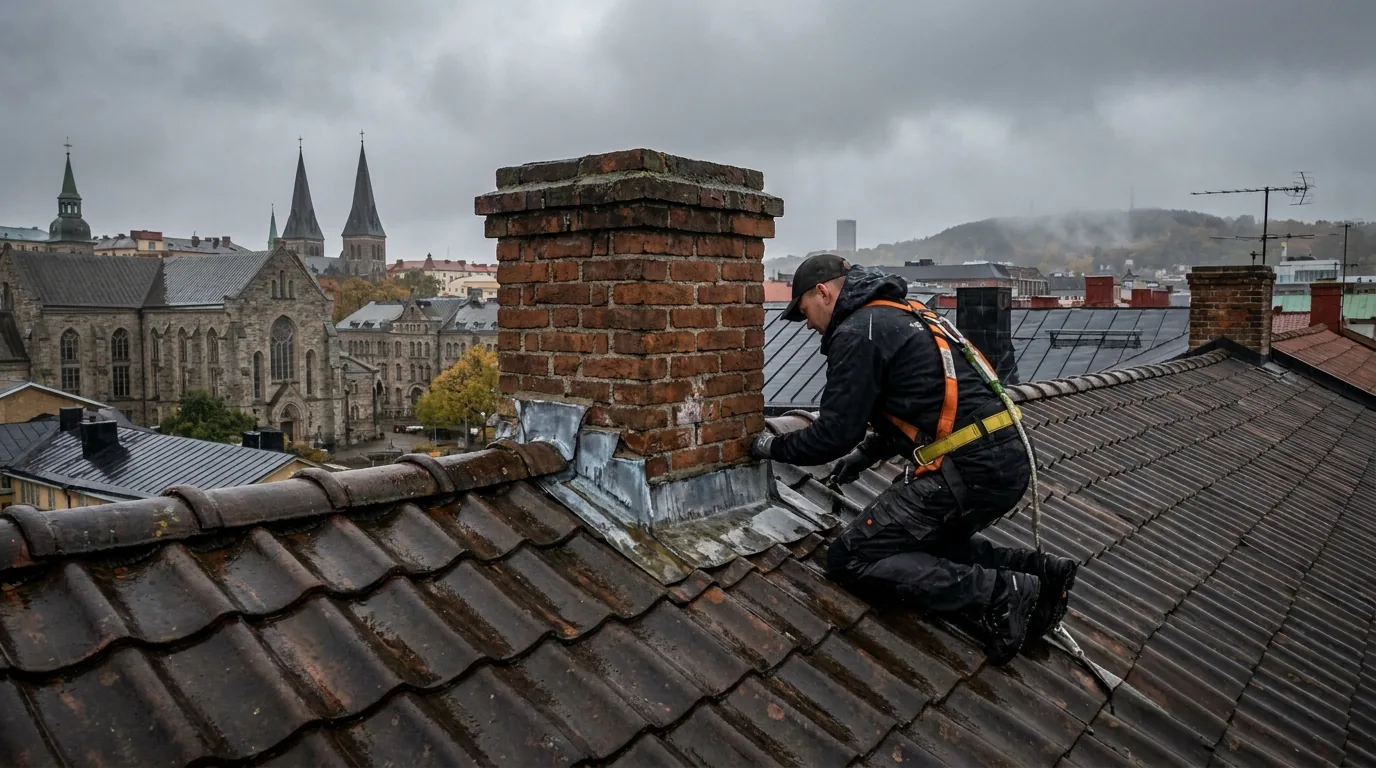 Takläggare kontrollerar skorstensplåt på tegeltak en grå höstdag