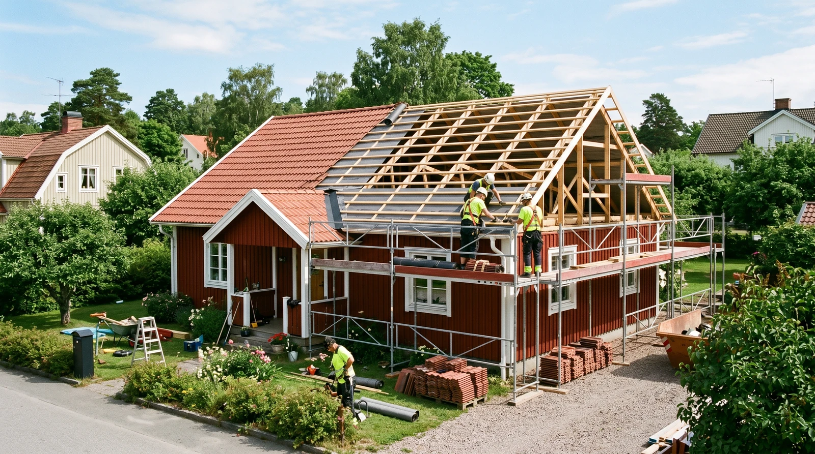 Takläggare planerar tidplan för sommartakbyte med ritning och nya takpannor på villatomt en solig dag
