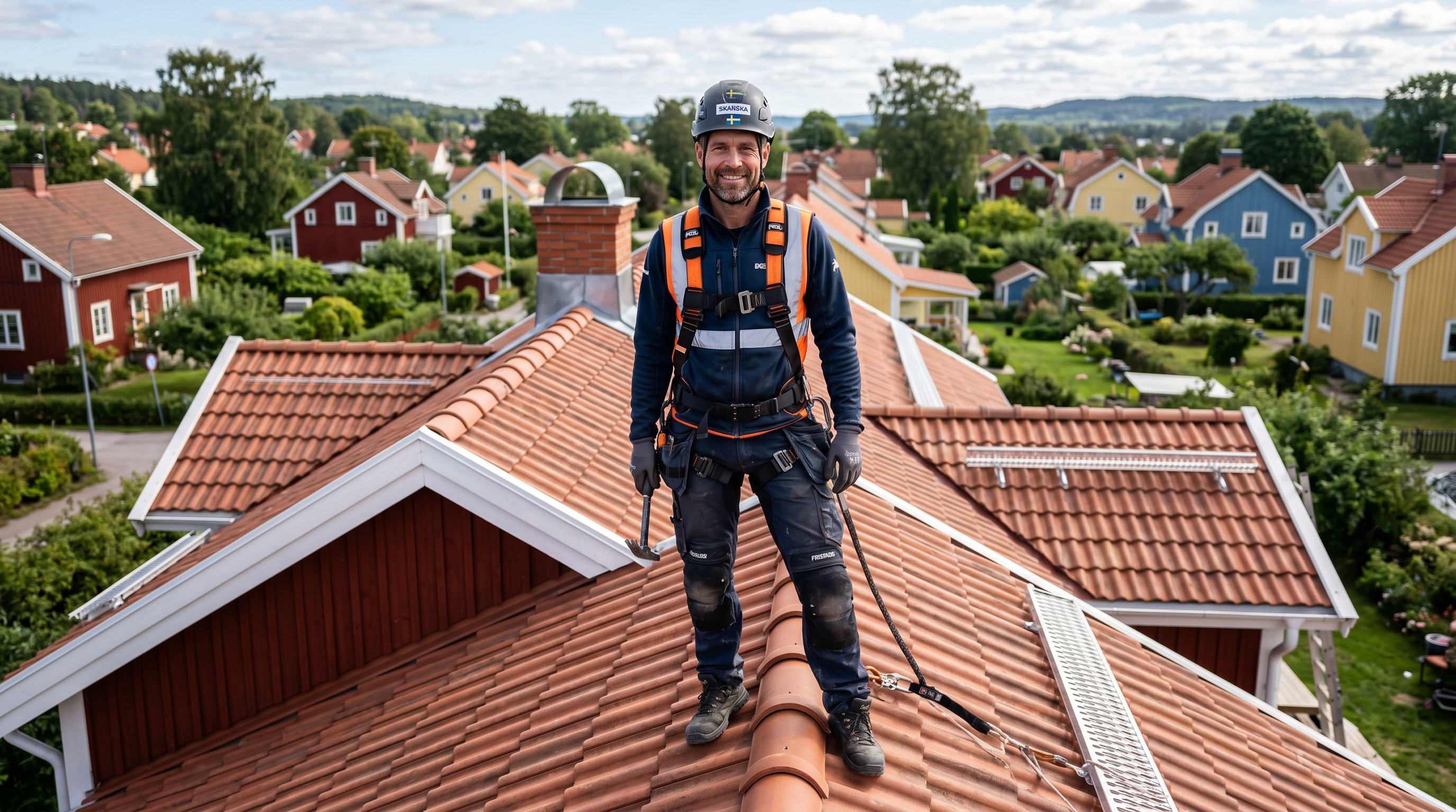 Certifierad takläggare med säkerhetsutrustning på tak