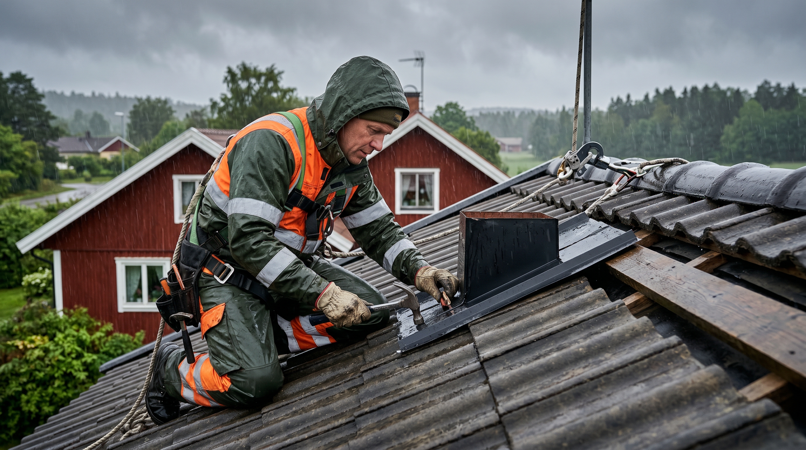 Takläggare skyddar tak med presenning under regnvädret
