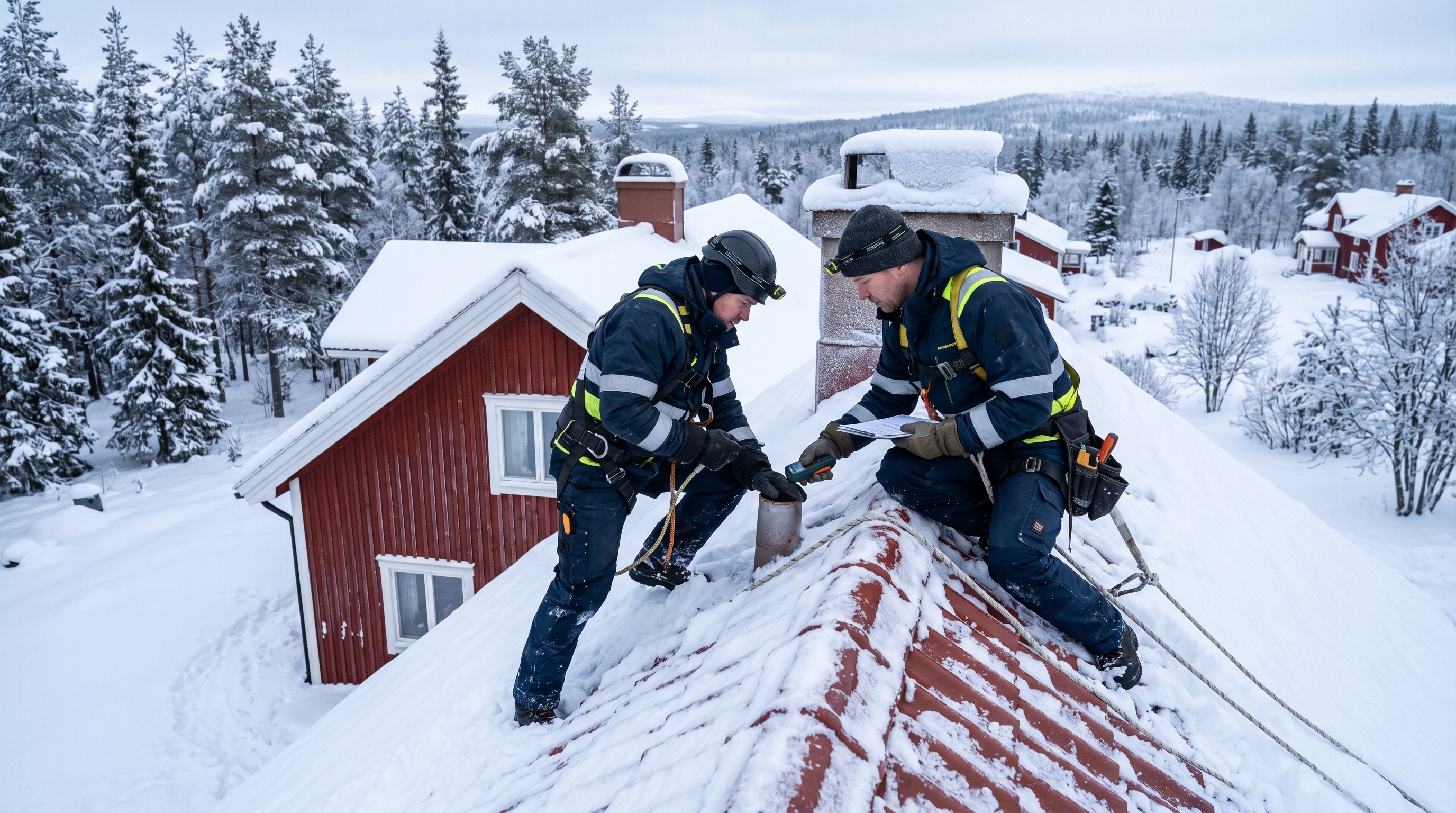Takläggare inspekterar tak under vintermånader