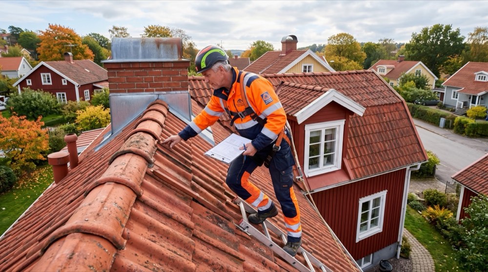 Takläggare i fallskyddsutrustning klättrar takstege med glidskydd mot skorsten under besiktning