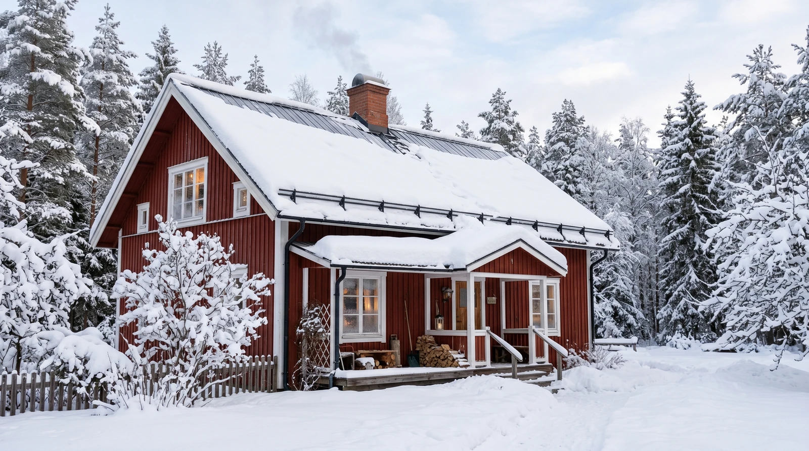 Snötäckt villatak med monterat snörasskydd längs takfoten som exempel på fast skyddsanordning