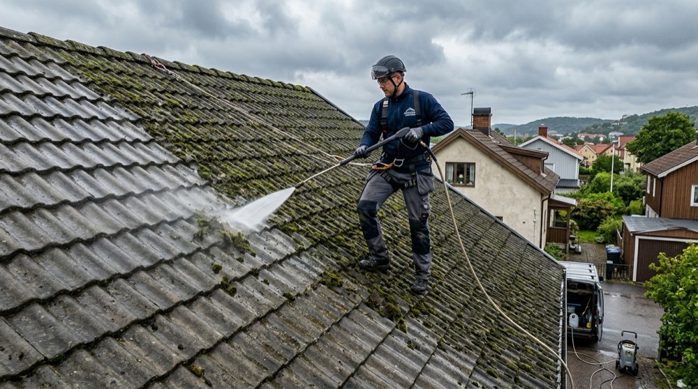 Professionell taktvätt avlägsnar mossa och alger