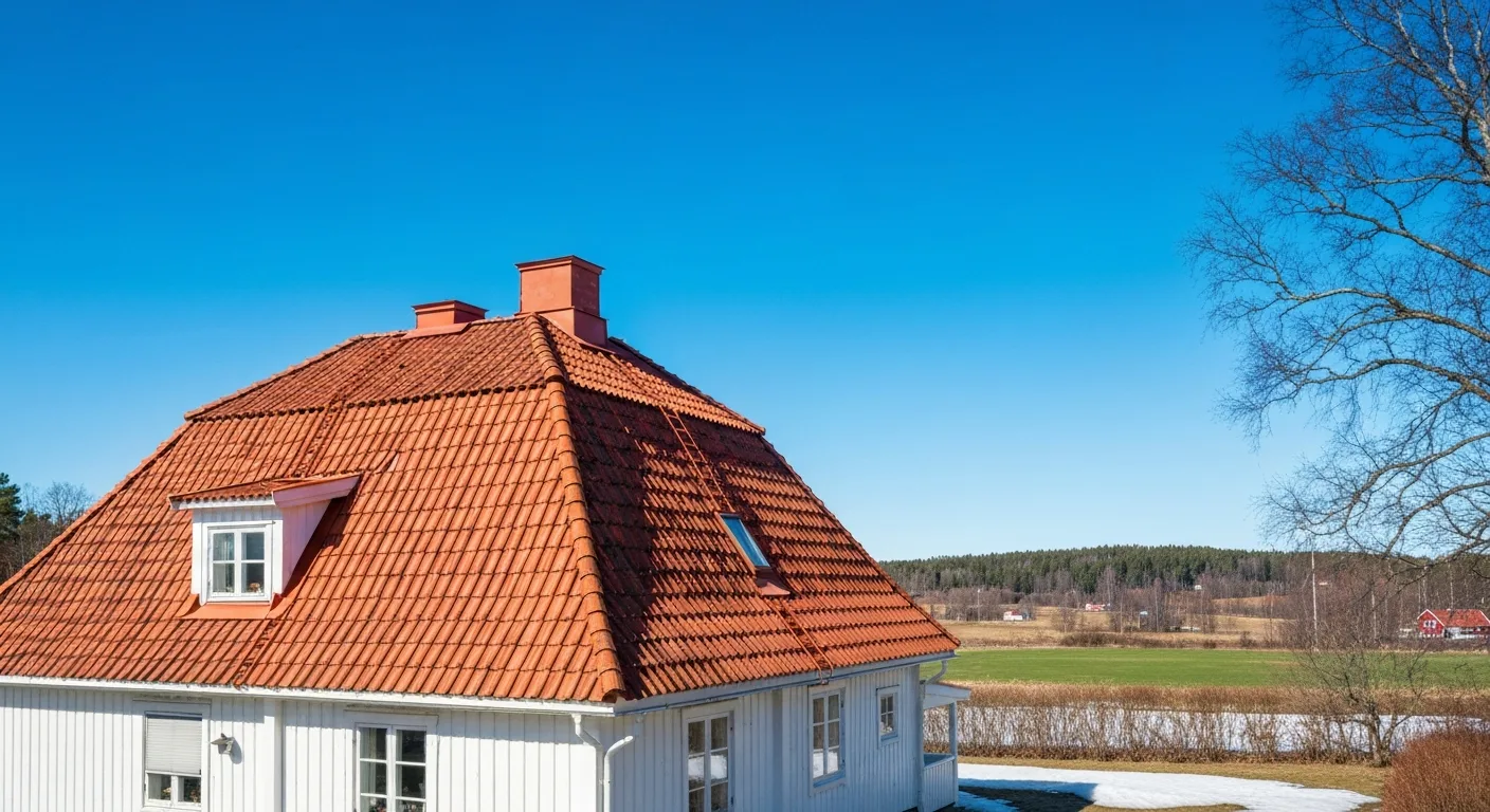 Valmat tak – hip roof med fyra lutande takfall på svensk villa