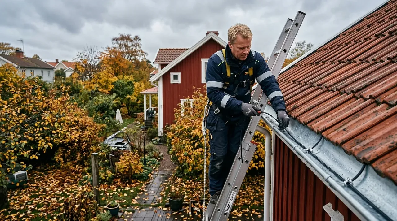 Takläggare monterar värmekabel i hängränna på villa med tegeltak en höstdag
