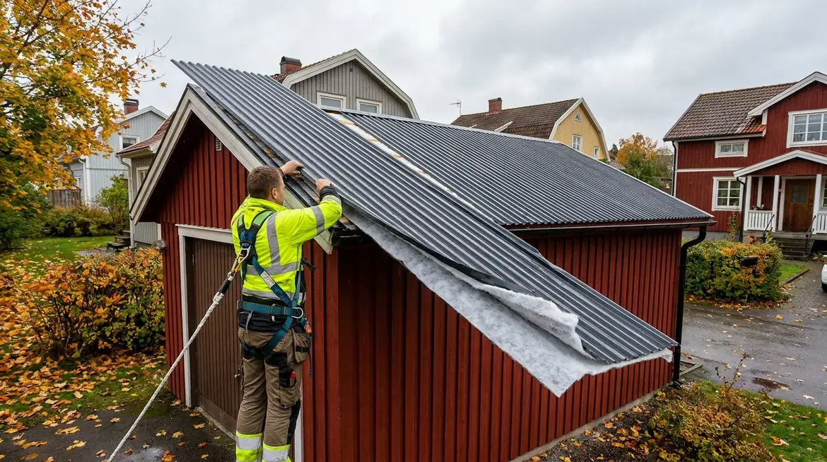 Fristående garage i Mölndal – ny trapetsplåt med antikondens mot droppande tak