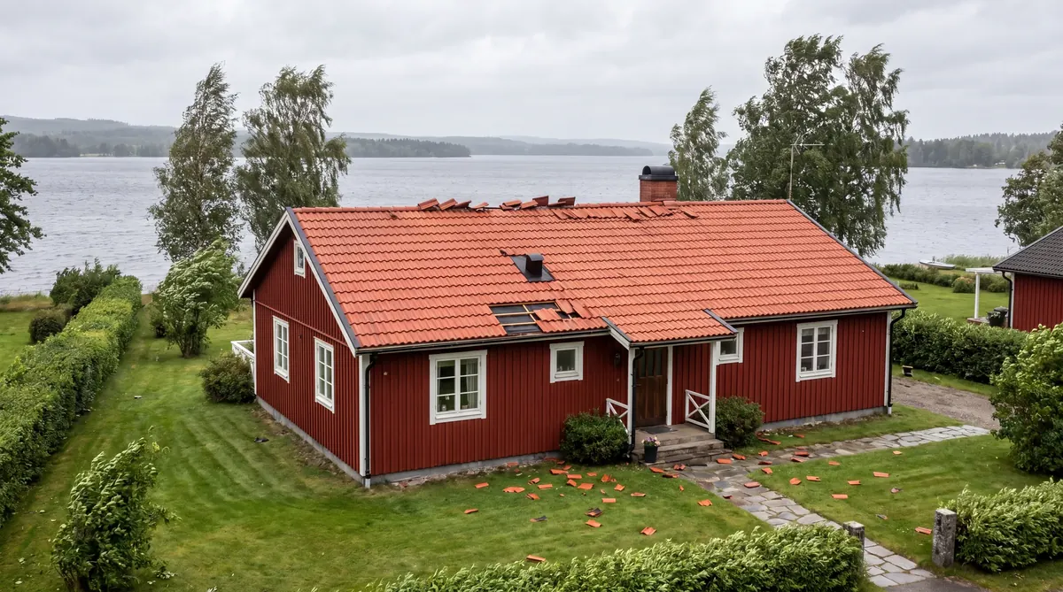 Före – Villa i Vänersborg – takbyte med förstärkta stormankare vid Vänern