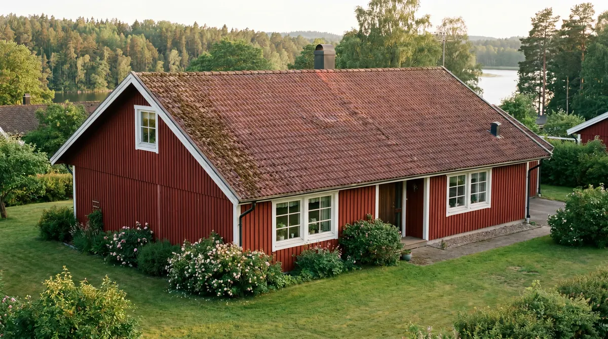 Före – Villa vid Aspen, Lerum – takbyte med marin betongpanna
