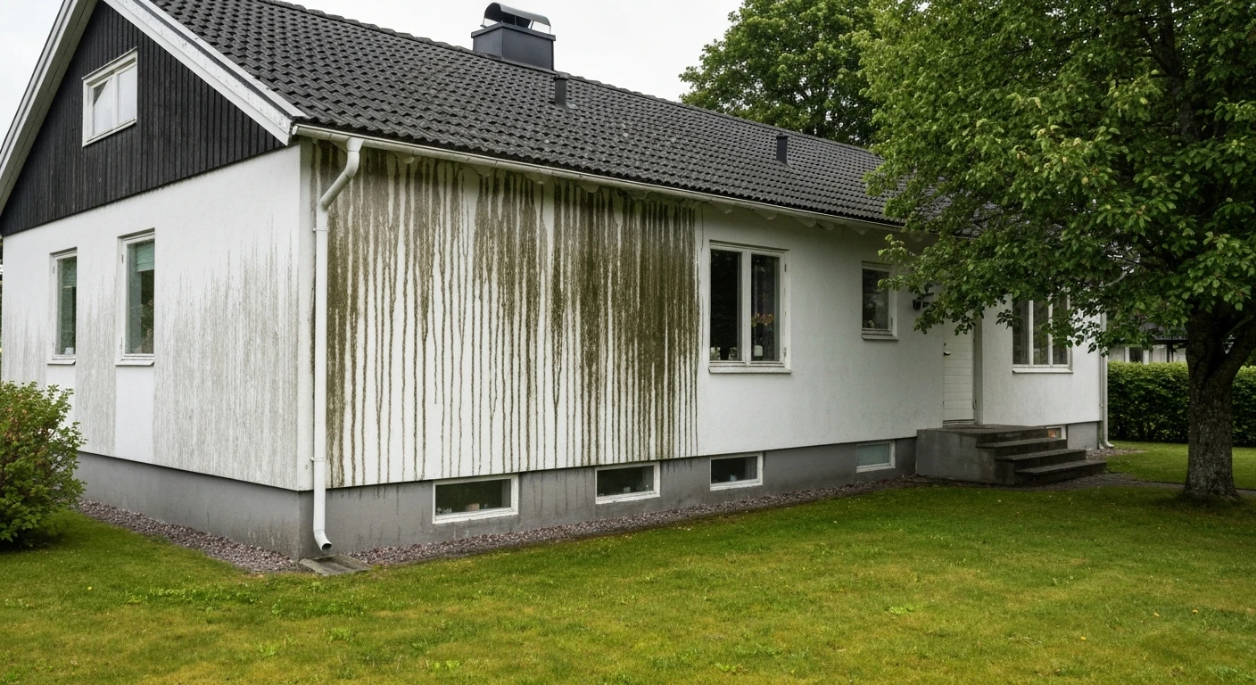 Före – Villa i Mölndal – fasadtvätt med kraftigt algangrepp
