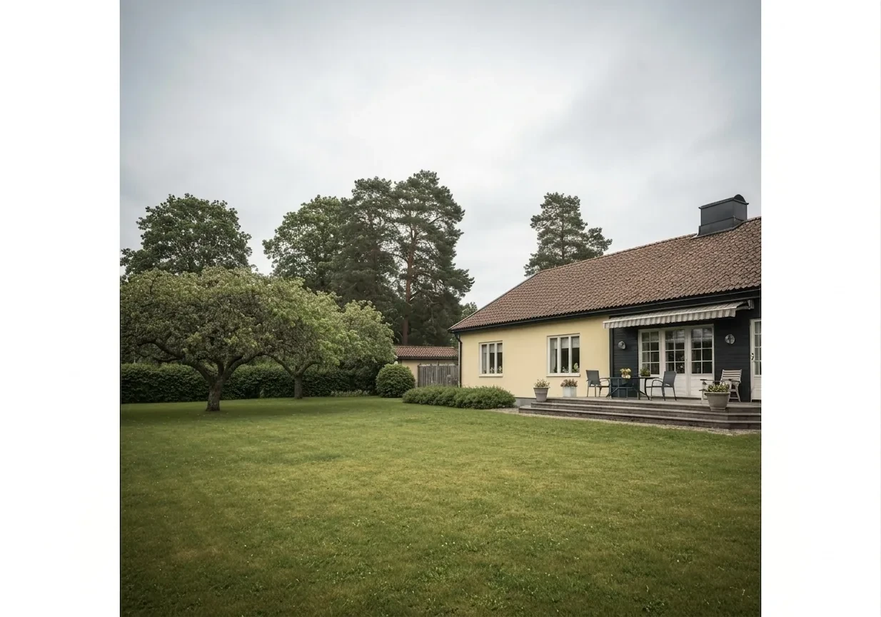 Villa i Skövde – fasadtvätt av gulputsad fasad med algangrepp