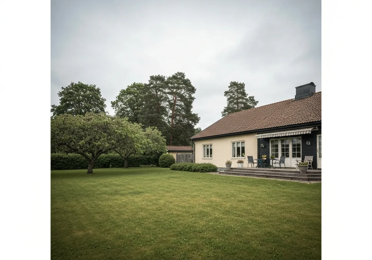 Före – Villa i Skövde – fasadtvätt av gulputsad fasad med algangrepp