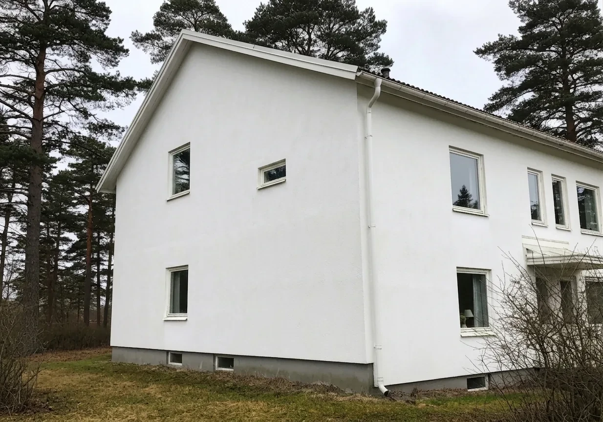 Kustvilla i Uddevalla – fasadtvätt av algangripen putsfasad