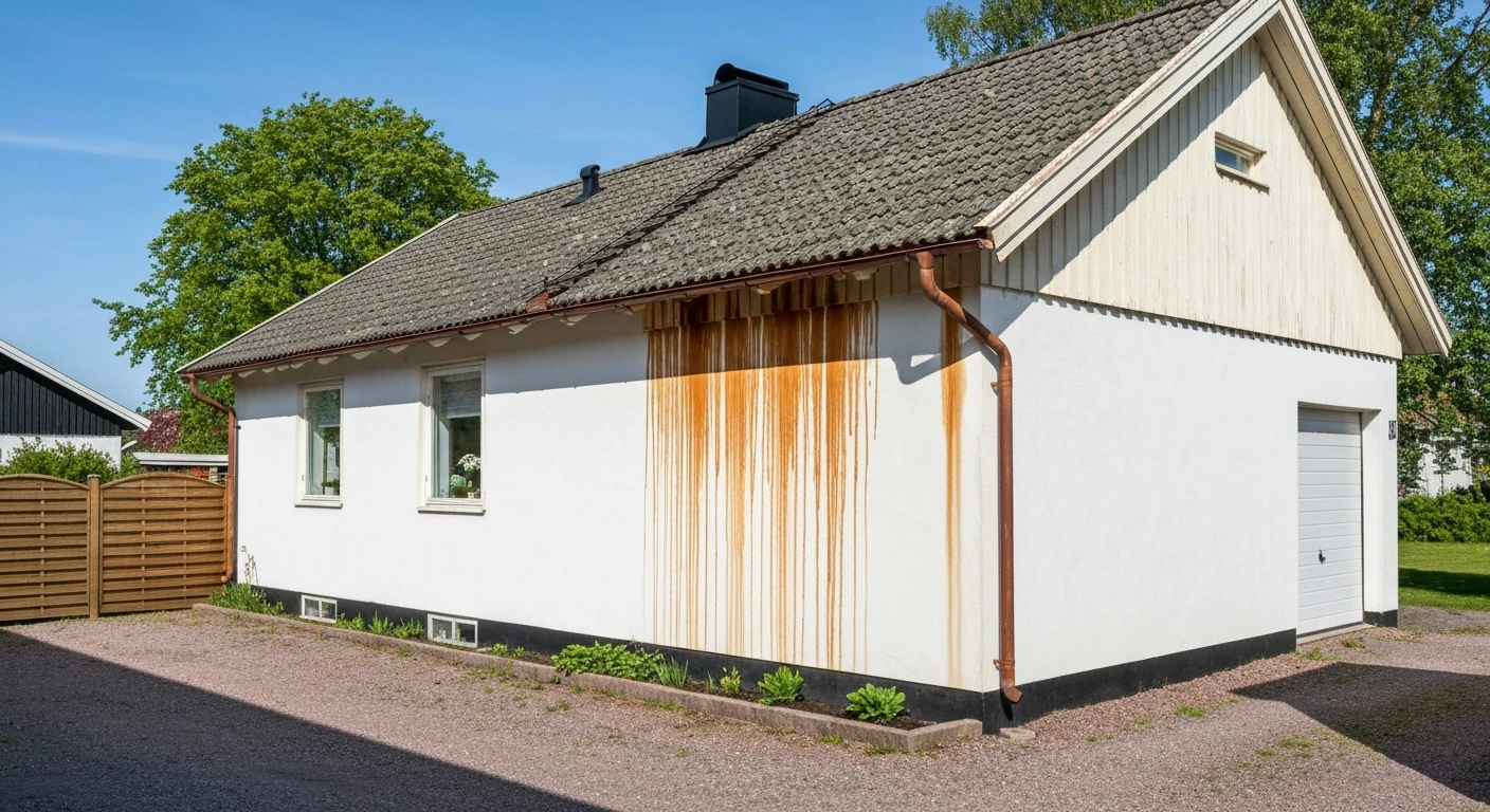 Före – Villa i Alingsås – byte av rostiga hängrännor och stuprör