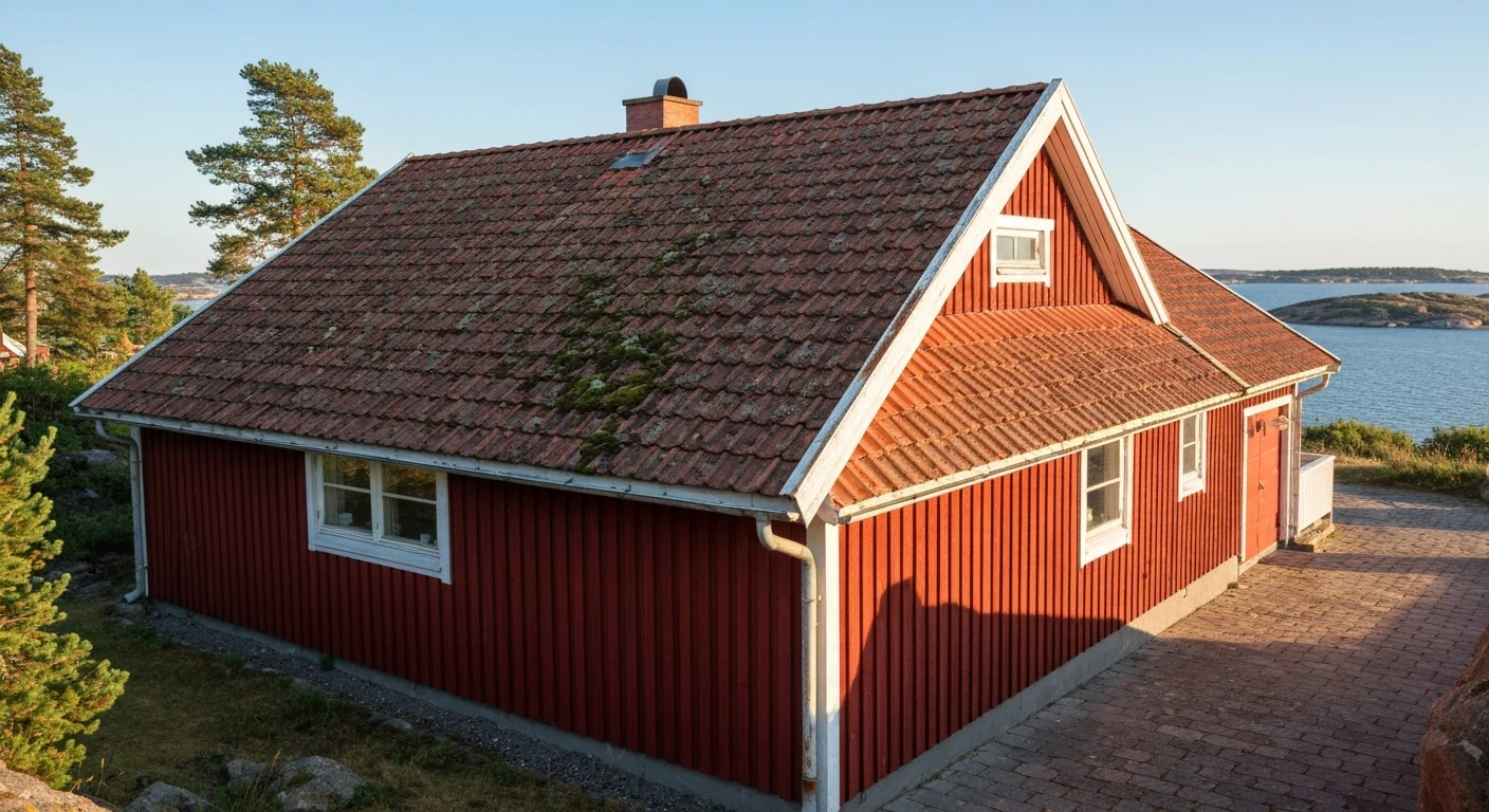 Före – Kustvilla på Henån, Orust – takbyte med matchande titanzink-plåt