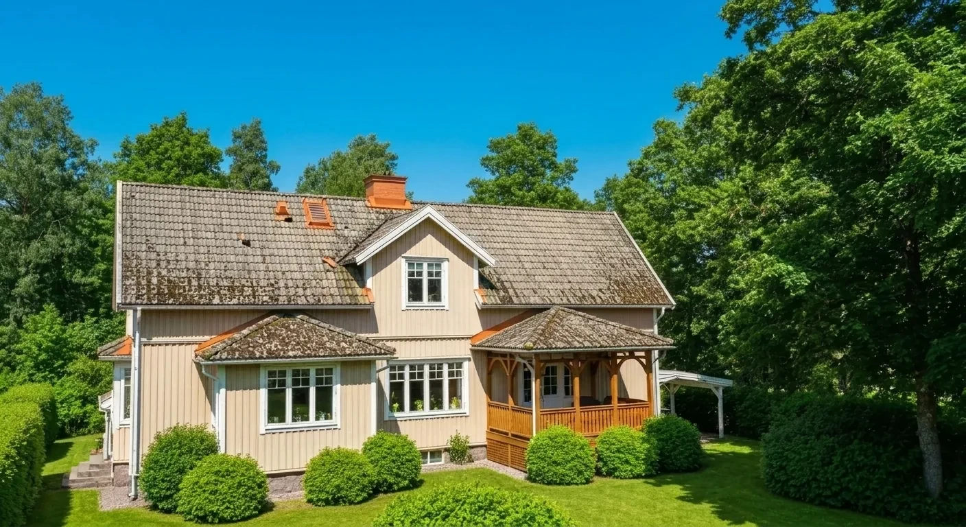 Före – Villa i Mölndal – takmålning av slitna betongpannor