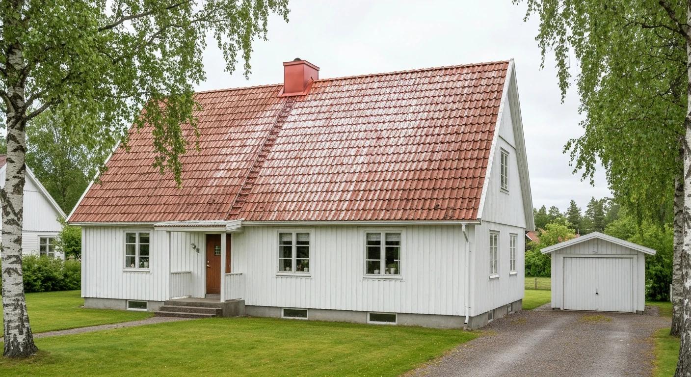Före – Villa i Lerum – takmålning gamla röda betongpannor