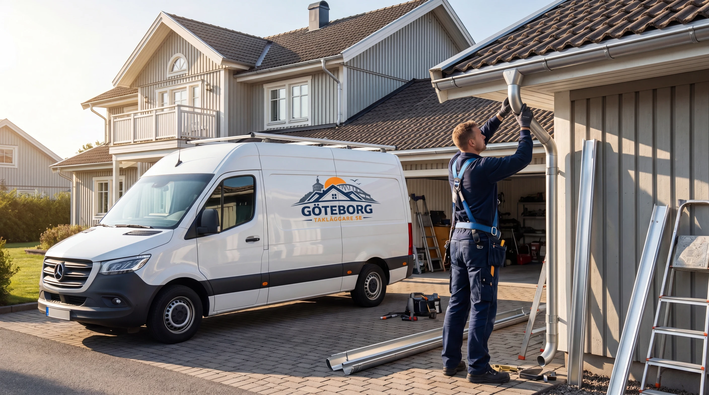 Plåtslagare installerar zinkränna på villa i Göteborg