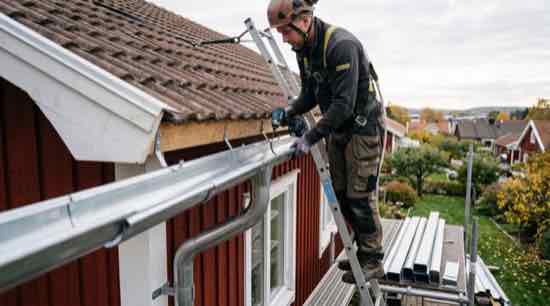Plåtslagare installerar zinkränna på villa i Göteborg