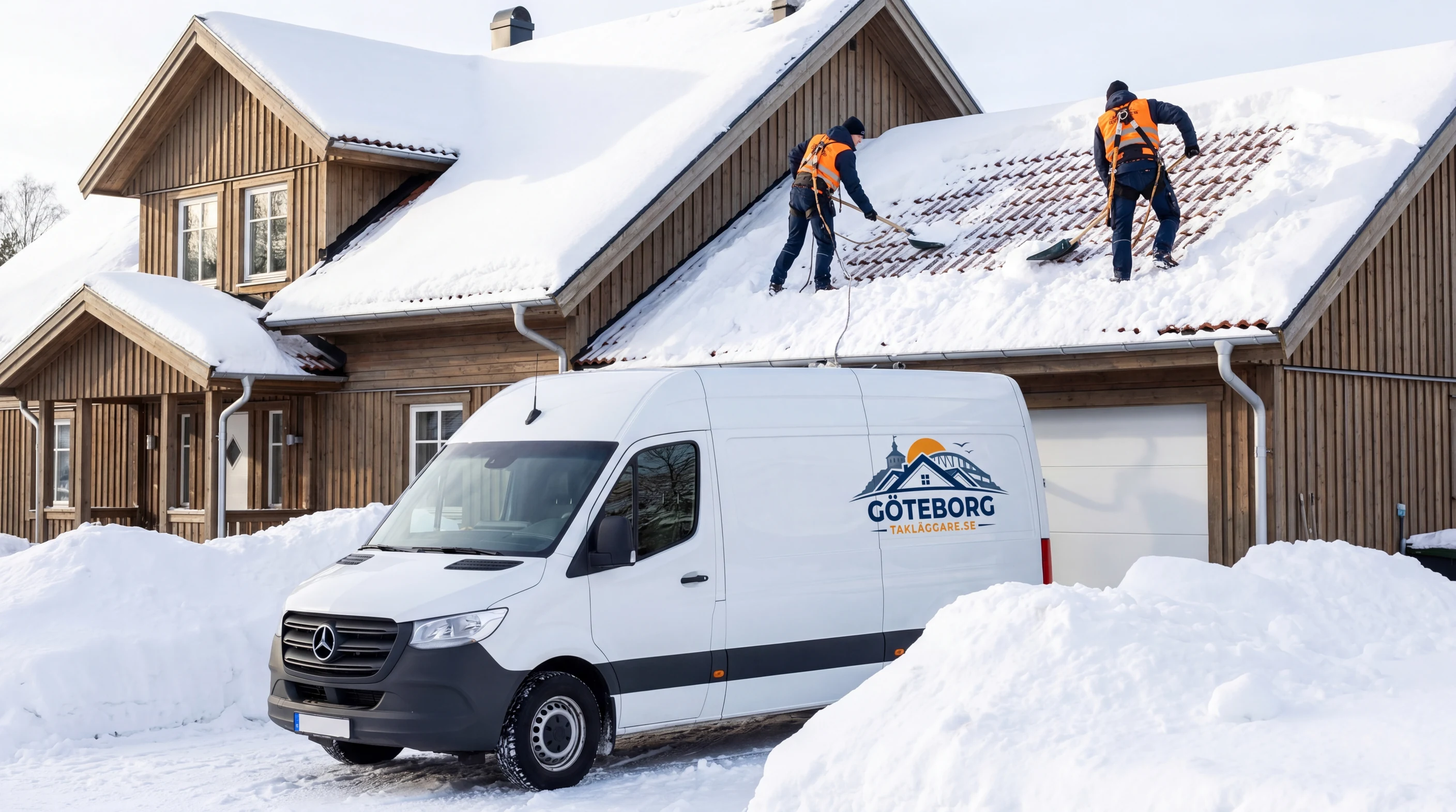 Professionell snöskottning av tak med säkerhetsselar