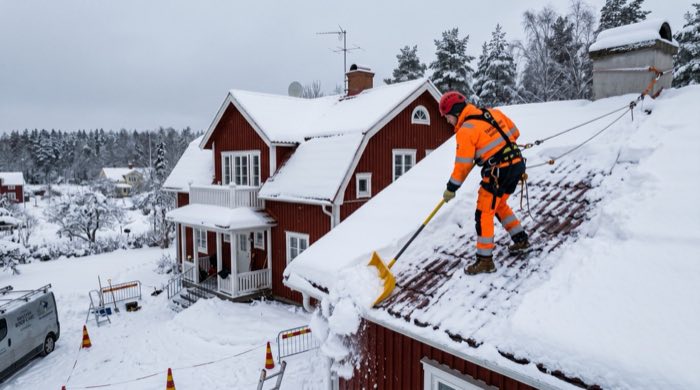 Professionell snöskottning av tak med säkerhetsselar