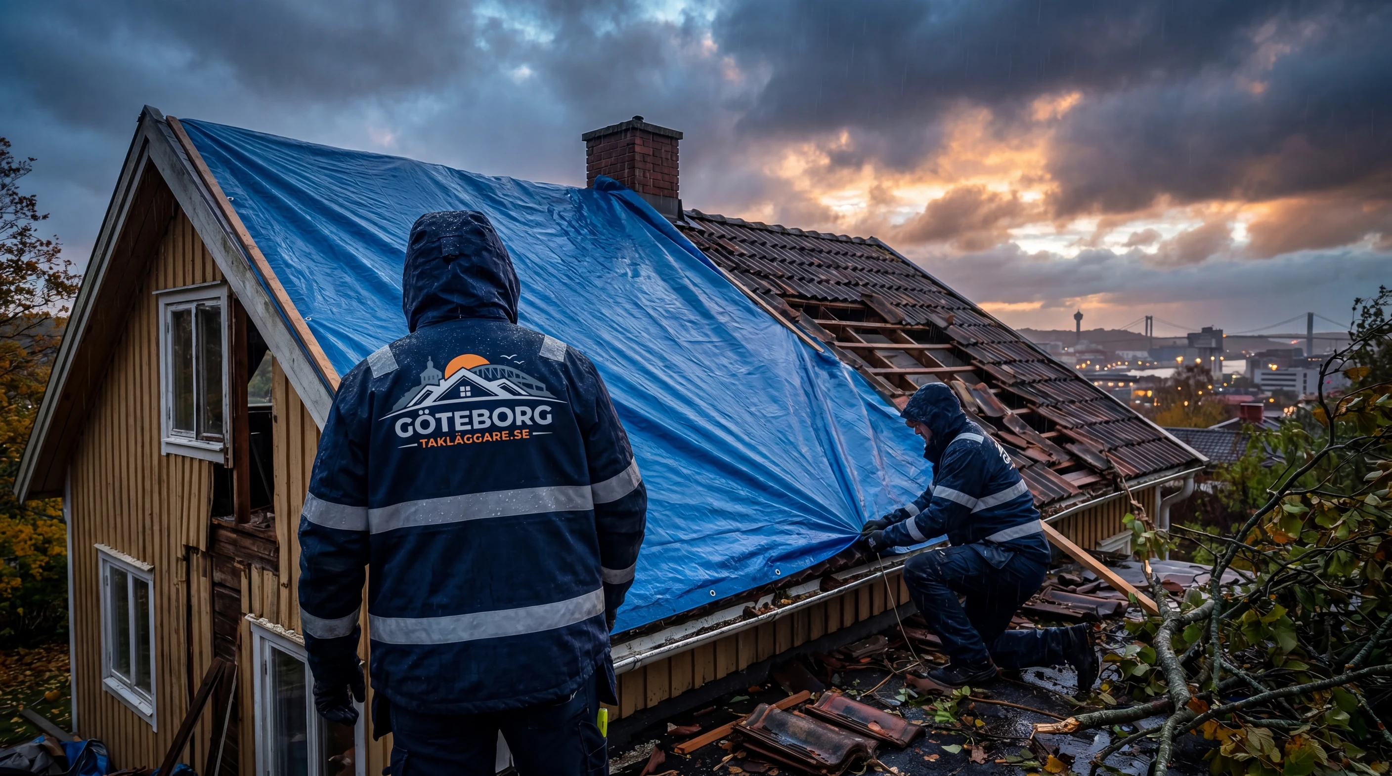 Akut taklagning efter stormskada i Göteborg