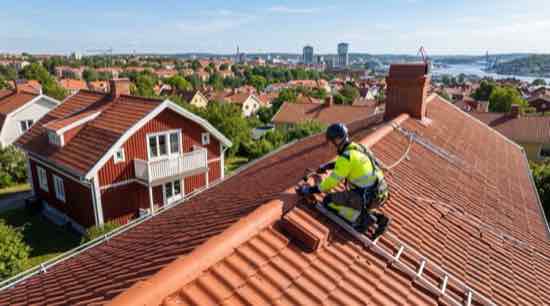 Certifierad takläggare arbetar på ett tegelpannetak i Göteborg