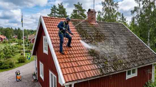 Högtryckstvätt av tak med mossbeläggning i Göteborg